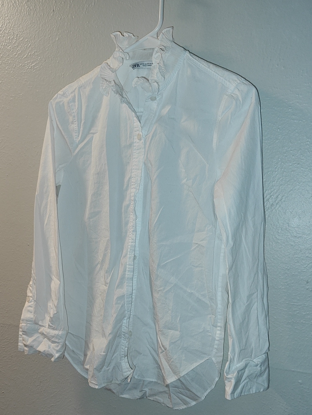 Sz XS Zara White Ruffle-Neck Poplin Shirt